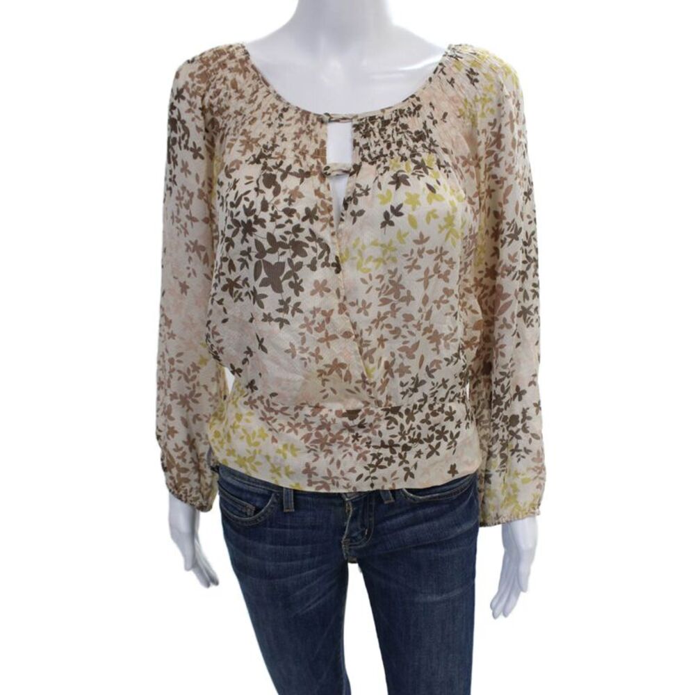 BCBG Max Azria Silk Sheer Smocked Neckline Open Back Tie Blouse Beige Size XS